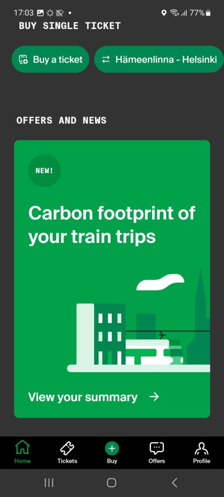 VR（フィンランド国鉄）の二酸化炭素削減に関する取り組み説明